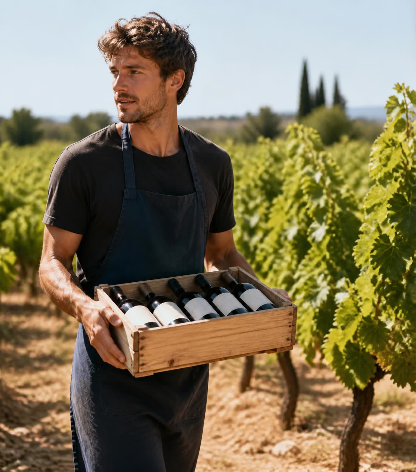Vigneron portant une caisse de six bouteilles dans les vignes du Plateau du Cascal